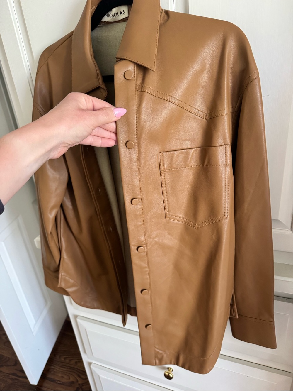 NICHOLAS Tan Faux Leather Button-Front Jacket